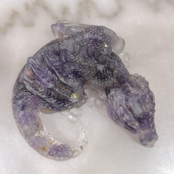 Amethyst Gemstone and Gold Flake Dragon Resin Figurine - Picture 4 of 7